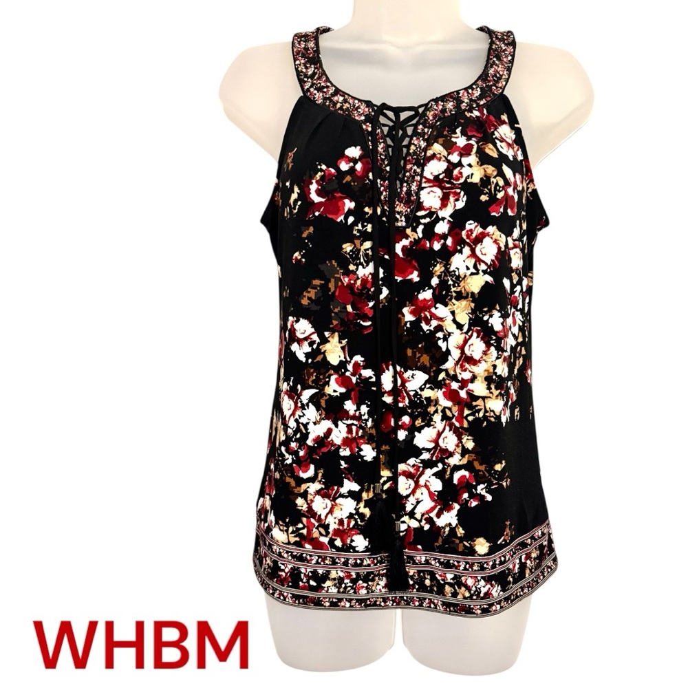 WHBM BLACK Floral Print Top w/CRISS-CROSS & TIE NECKLINE DETAIL   XXSMALL   #V